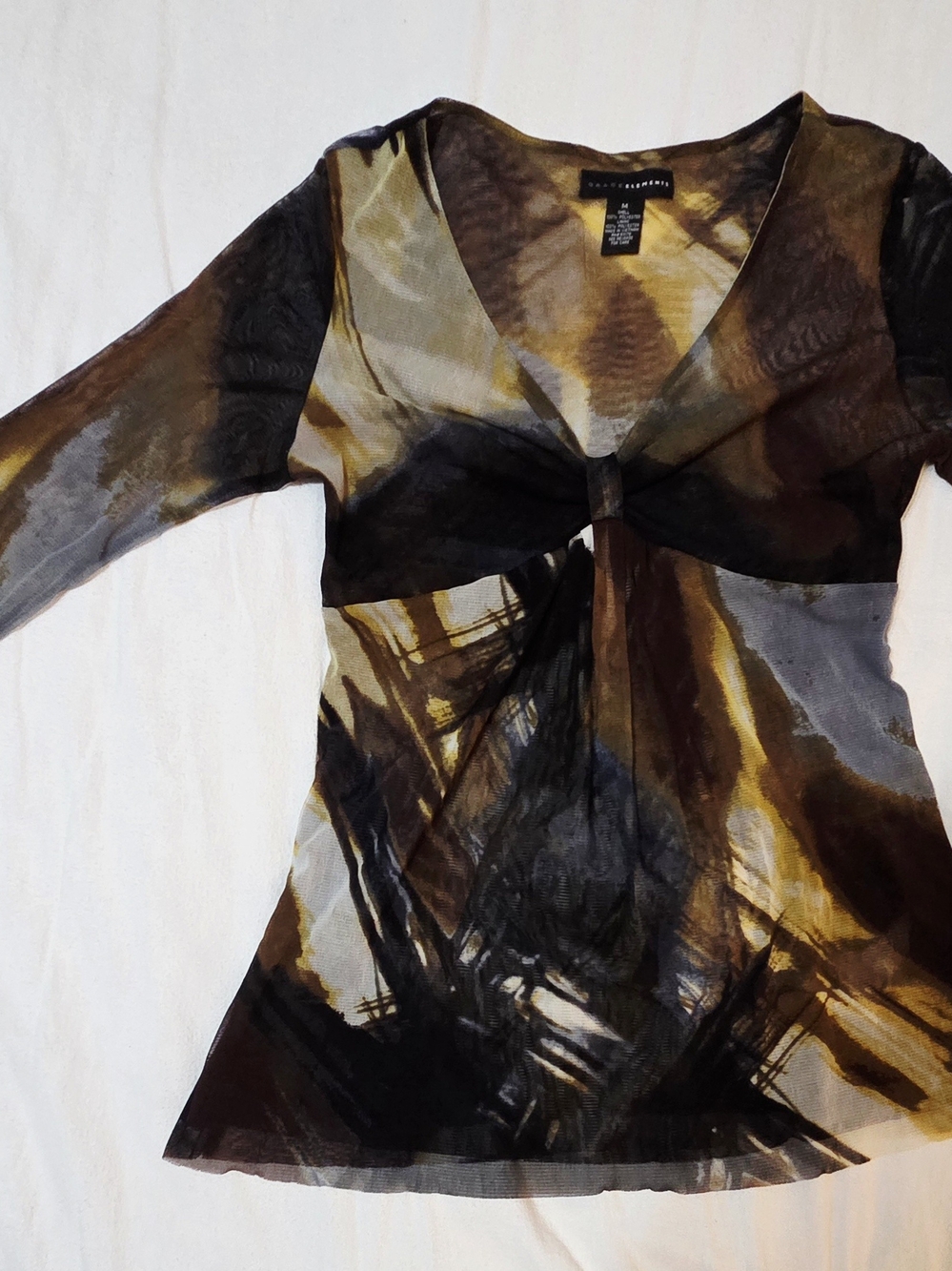 Grace Elements Olive, Black & Tan Sheer Knot-Front Long Sleeve Top